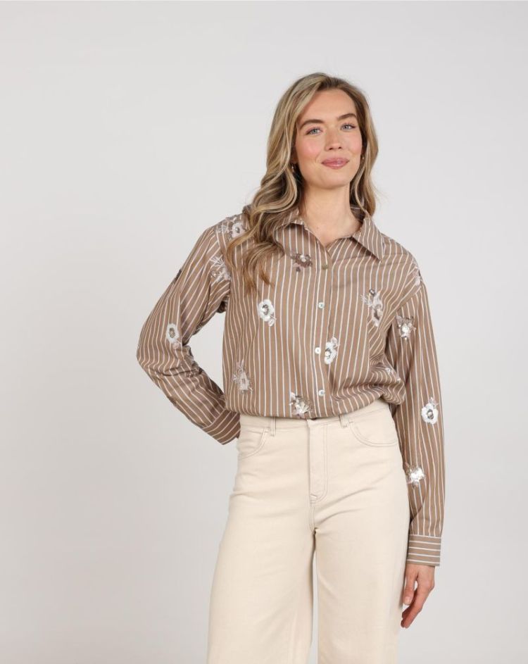 NEWPORT BLOUSE STRIPE FLOWER 340 Taupe/Offwh