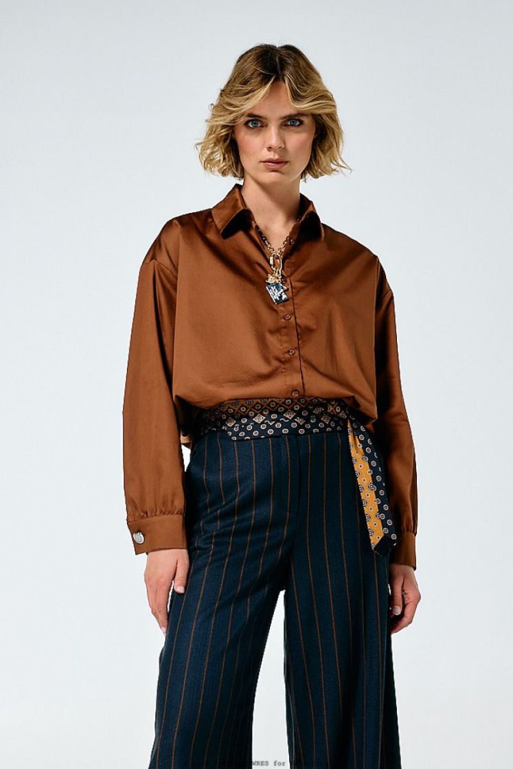 Blouse in shiny katoen 36 Caramello